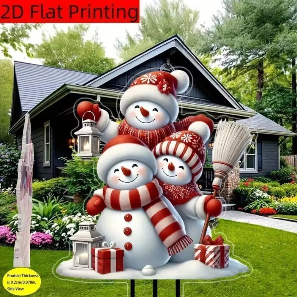 2D Festive Holiday Christmas Snowman Family with Presents Garden Outdoor Stake